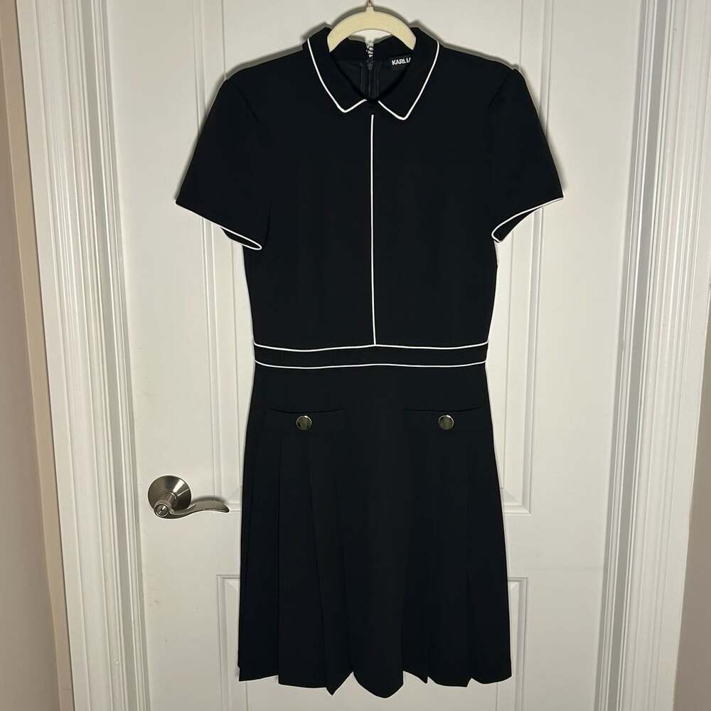 Karl Lagerfeld Paris Pleated-Skirt Dress Size 4 Black White Piping